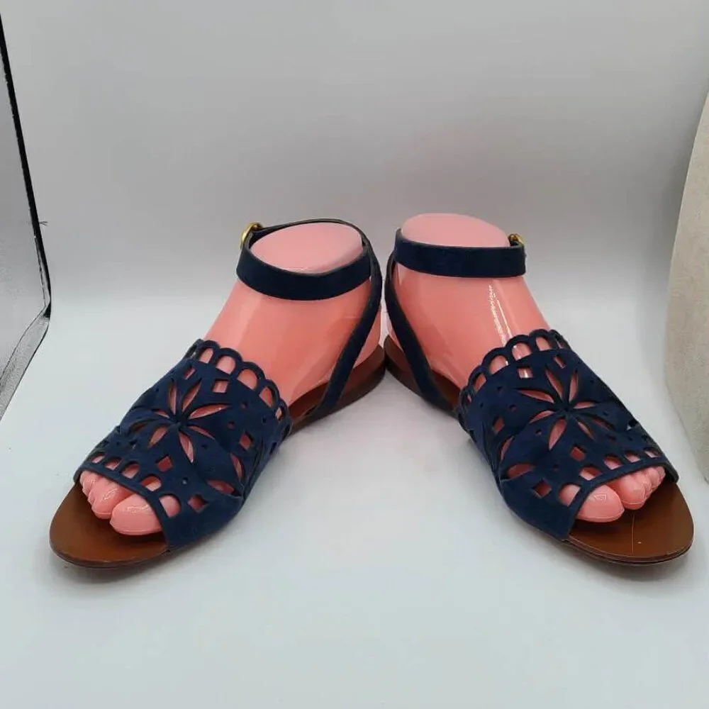 Tory Burch May Flat Lancaster Navy Ankle Strap Sandals size 7M